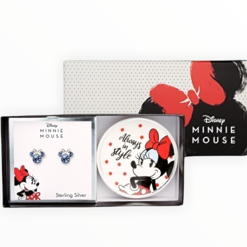 Disney Minnie Mouse Blue Crystal Sterling Silver Earrings & Trinket Dish GiftSet